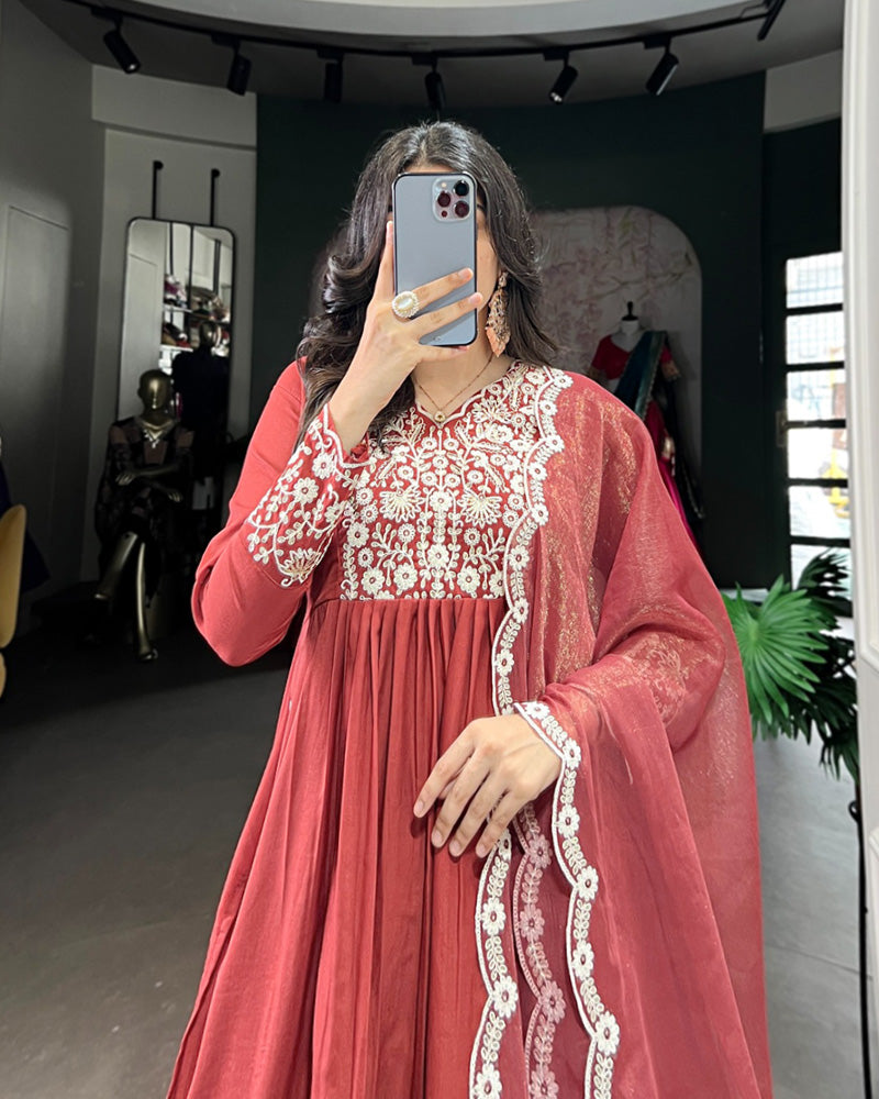 Rust Orange Color Maska Cotton Three Piece Kurti Suit