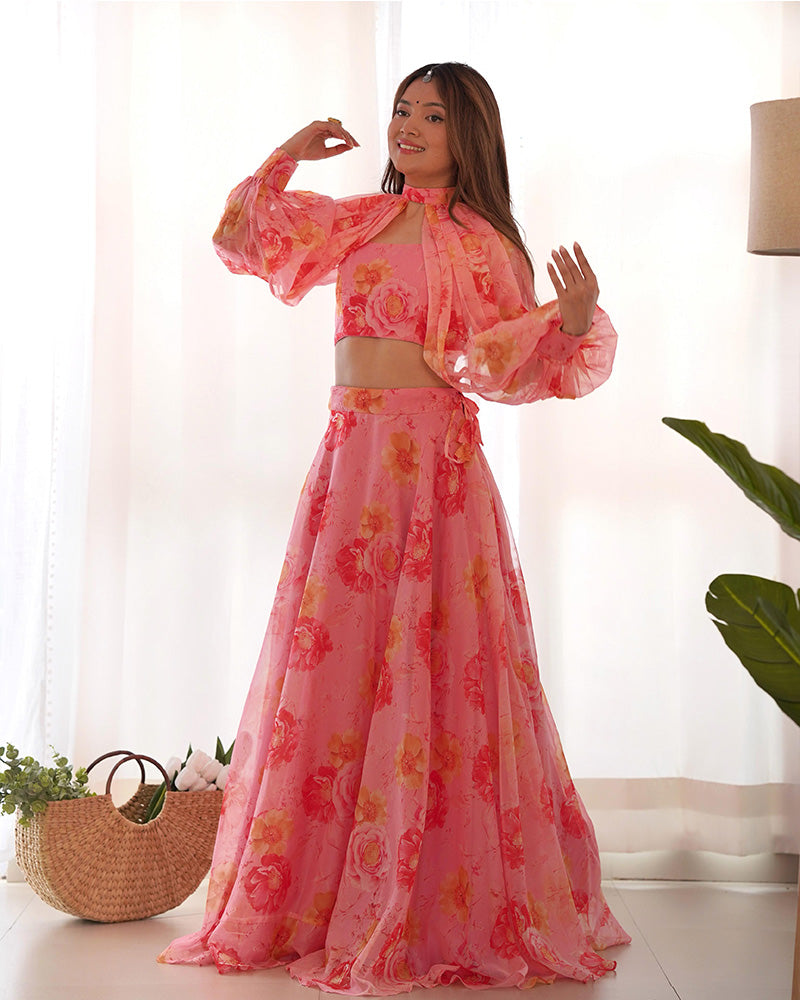 Baby Pink Color Pure Tabby Organza Printed Lehenga Choli