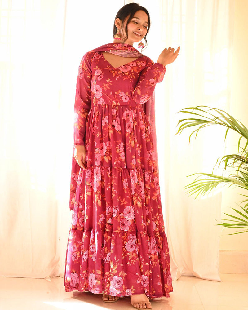 Beautiful Rose Pink Color Three Layer Georgette Printed Gown
