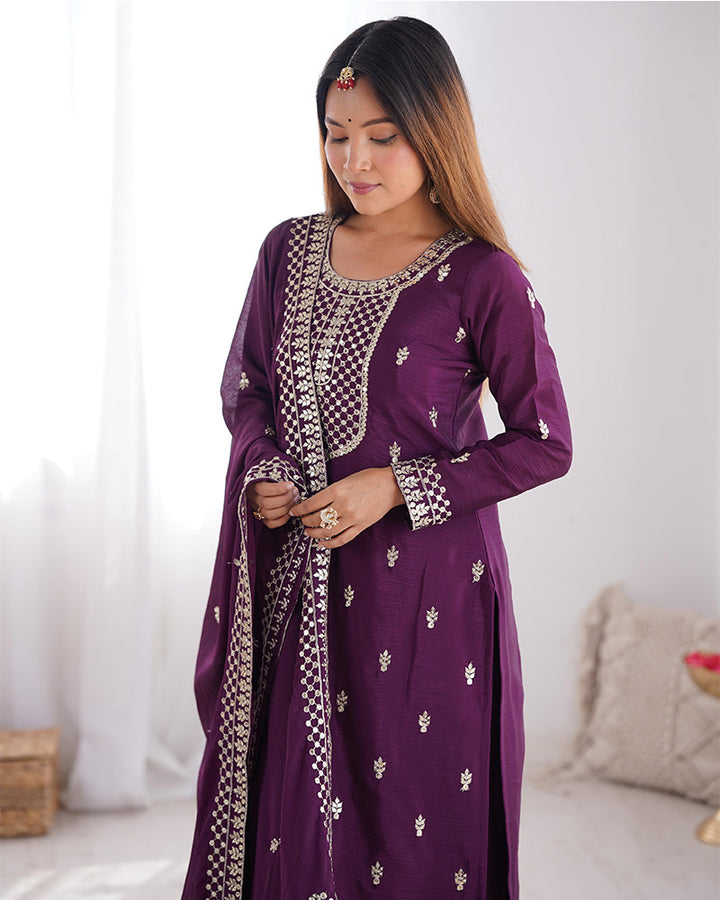 Wine Color Chinon Silk Three Piece Kurti Suit