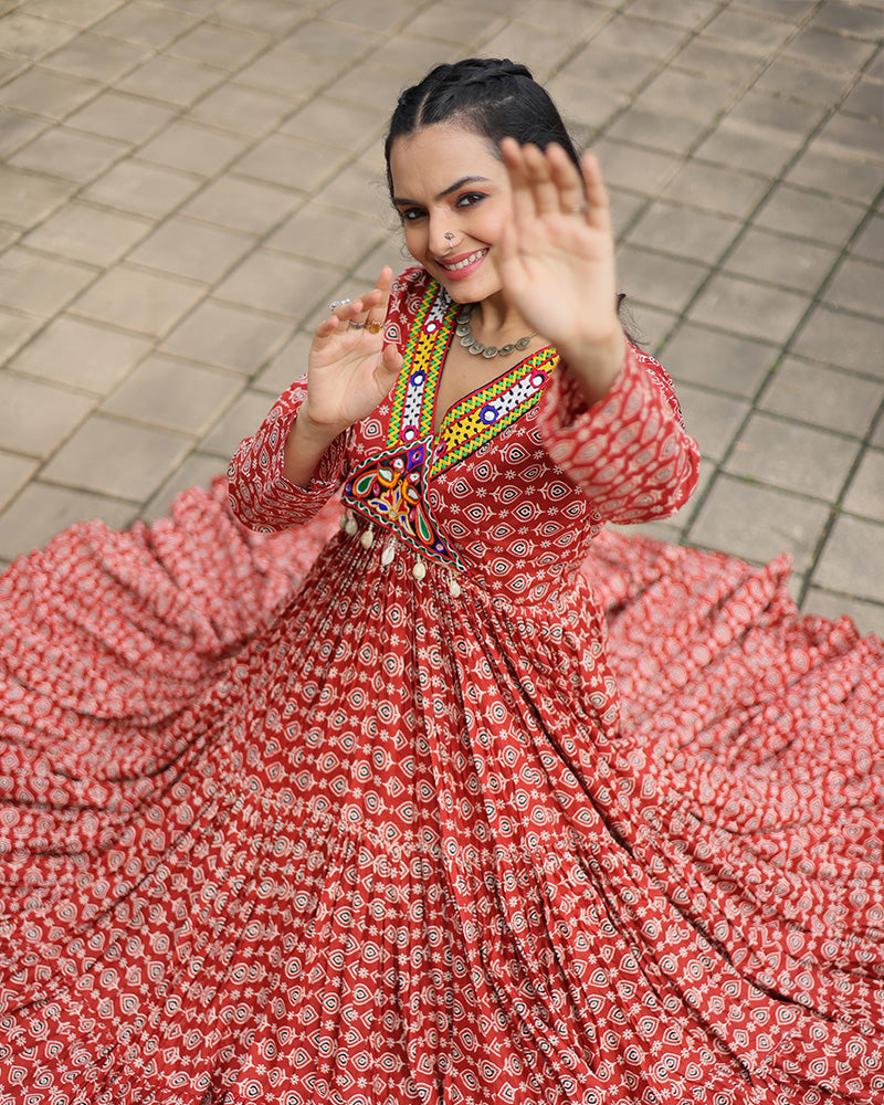 Maroon  Color Cotton Gamthi Work Navratri Gown