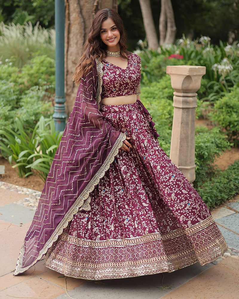 Wine Color Pure Viscose Jacquard Lehenga Choli