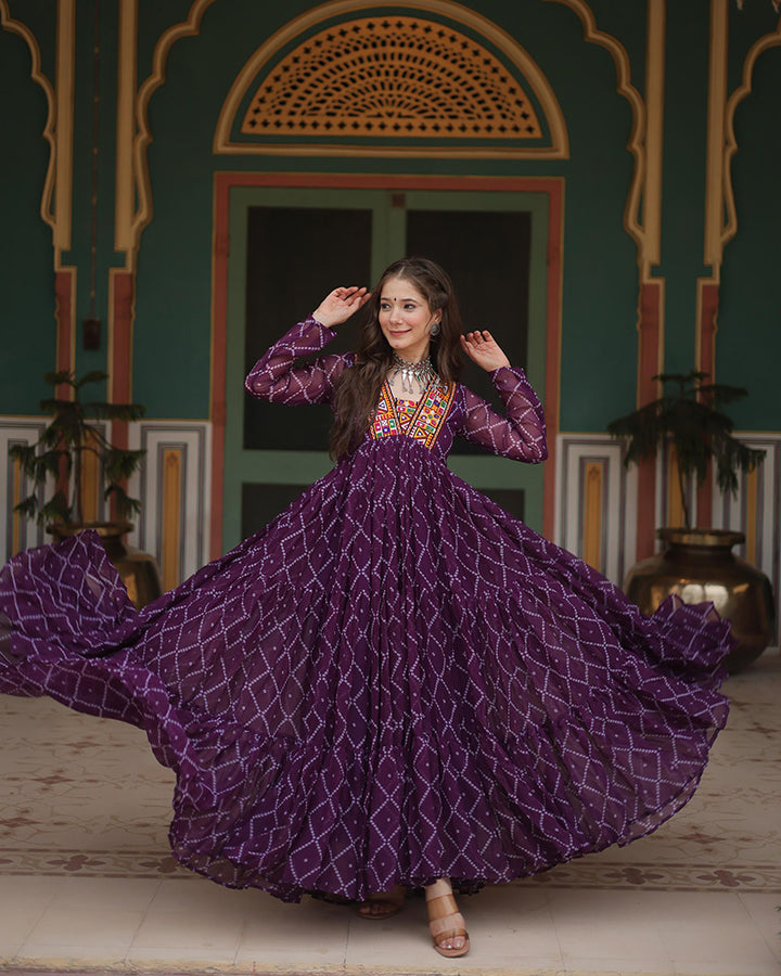 Dark Purple Color Georgette Bandhej Print Navratri Gown