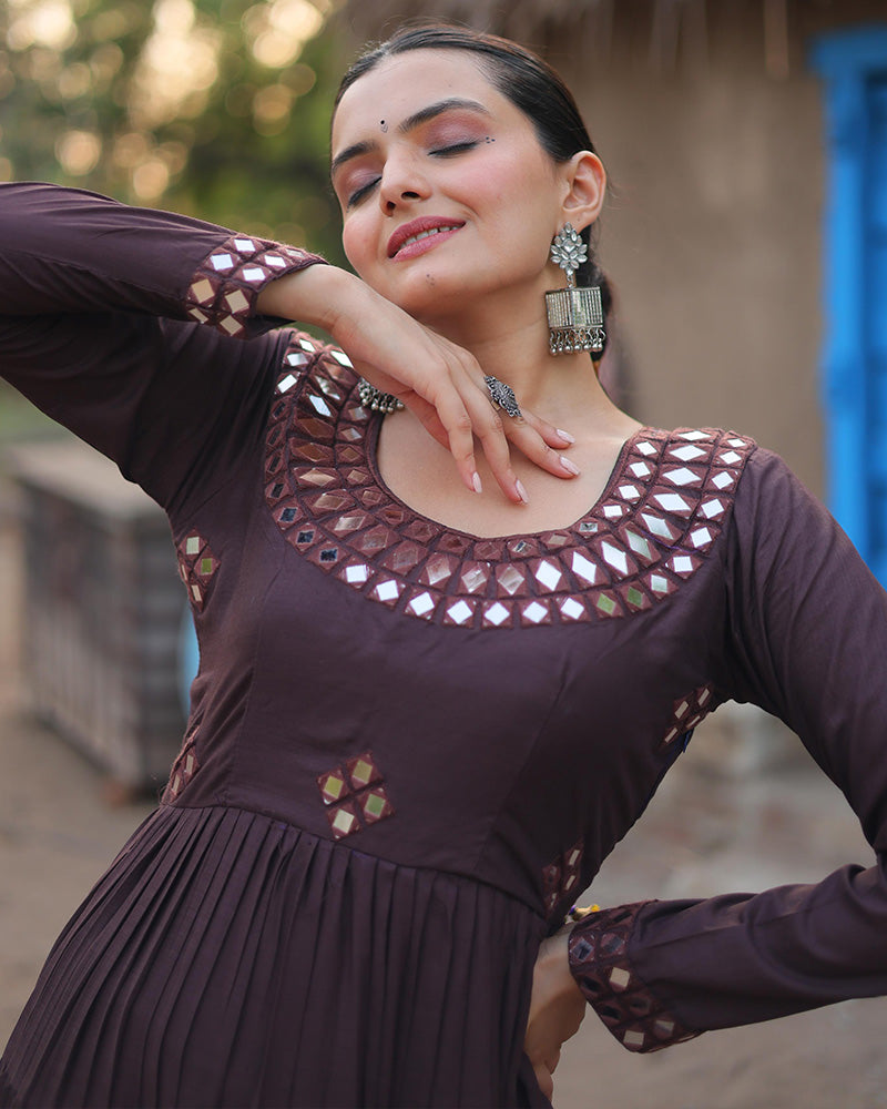 Dark Dusty Color Rayon Mirror Work Navratri Gown