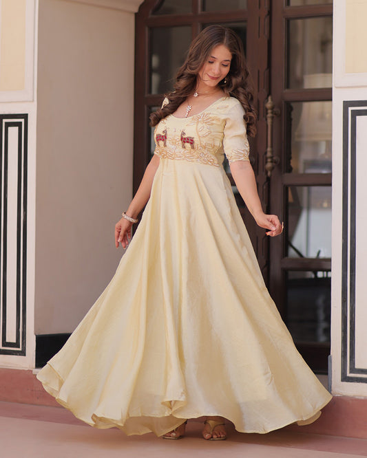 Cream Color Gold Crush Embroidered Work Gown