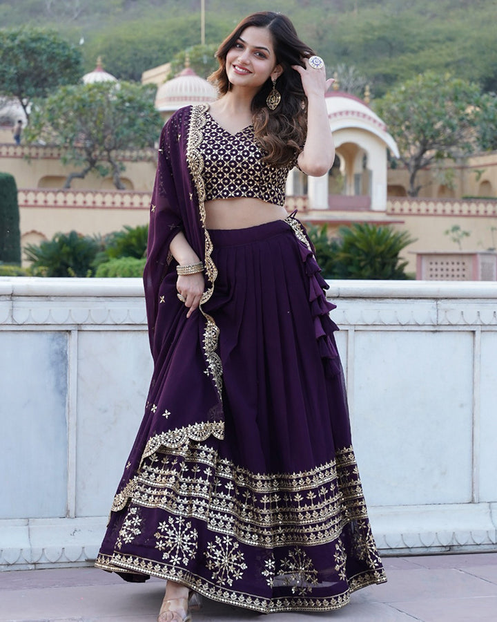 Designer Sequence Embroidery Work Georgette Lehenga Choli In Wine Color