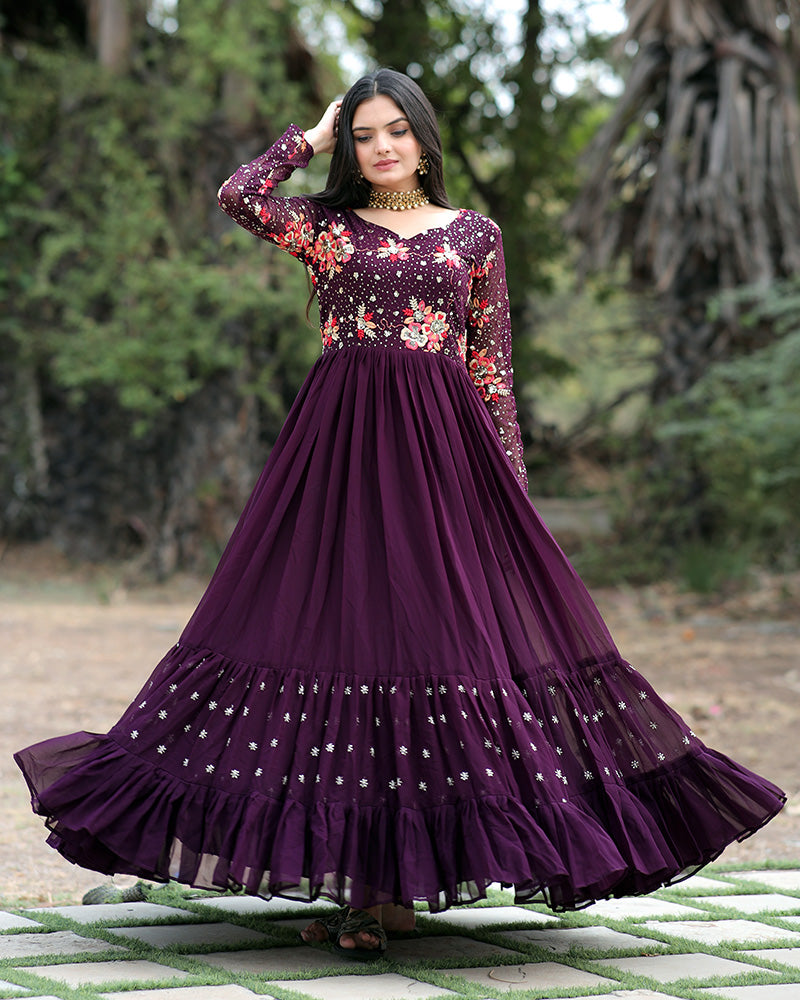Wine Color Designer Thread Embroidery Anarkali Gown