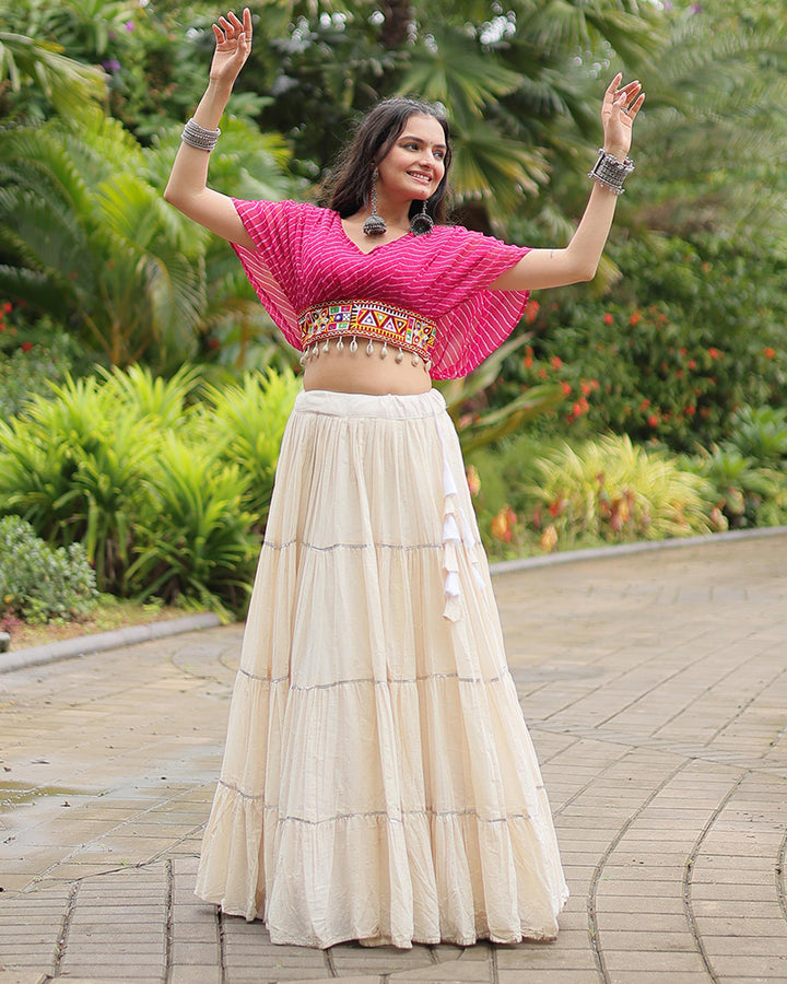 White Color Kora Cotton Lehenga With Pink Choli