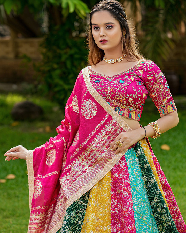 Multi Color Embroidered Satin Silk Lehenga Choli