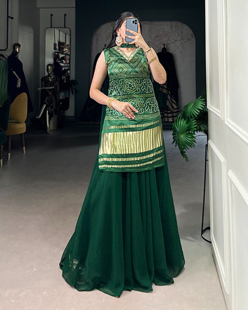 Green Color Gaji Silk Three Piece Plazo Suit