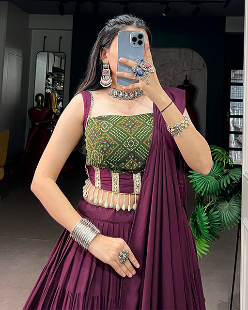 Wine Color Rayon Bandhani Print Navratri Lehenga Choli