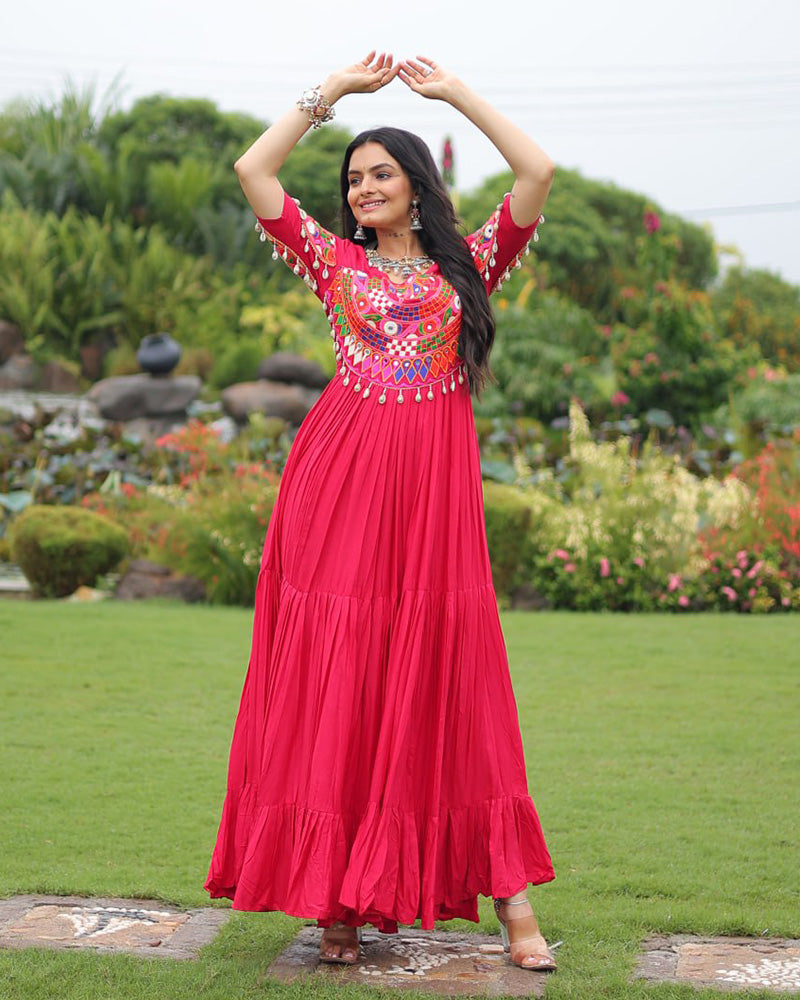 Rani Pink Color Rayon Navratri Gown