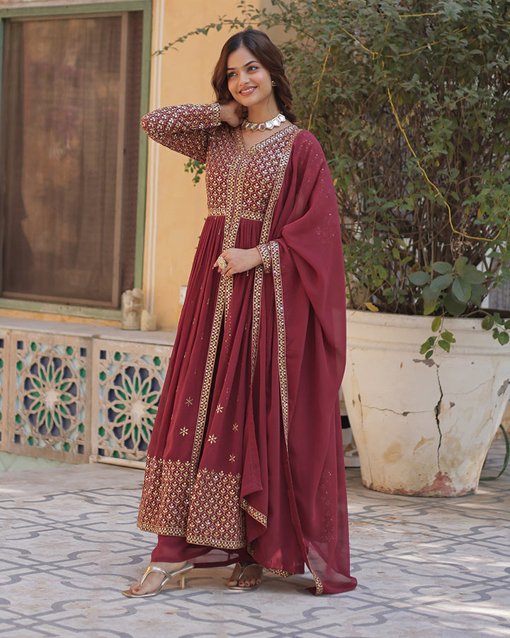 Designer Brown Color Three Piece Sharara Suit