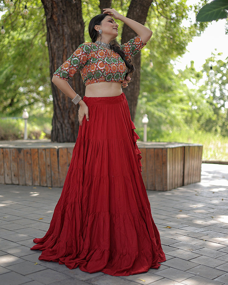 Red Color Rayon Full Flair Navratri Lehenga Choli