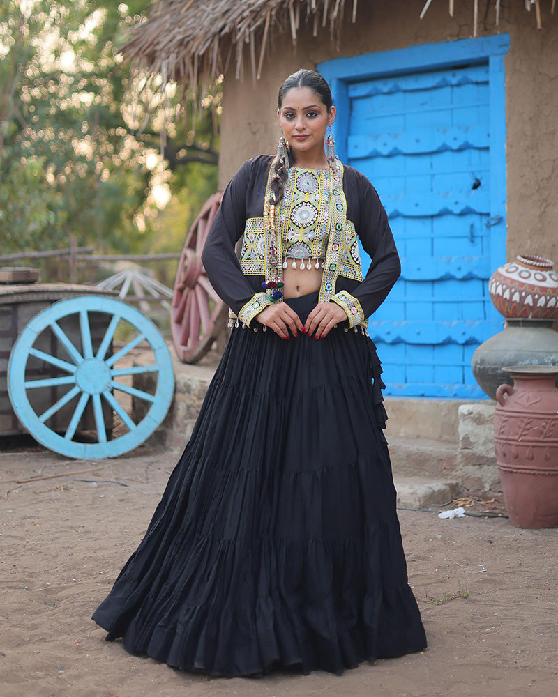 Black Color Rayon Embroidered Navratri Lehenga Choli