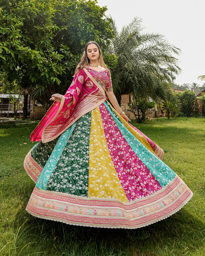 Multi Color Embroidered Satin Silk Lehenga Choli