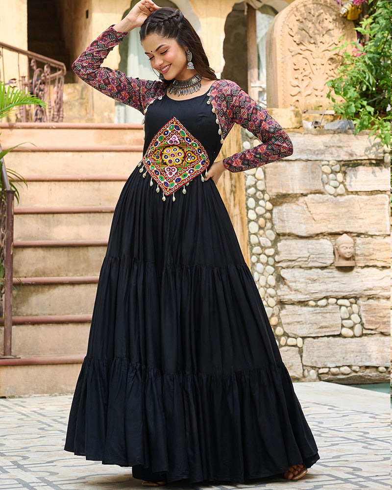 Classic Black Mirror Embroidered Rayon Gown For Navratri