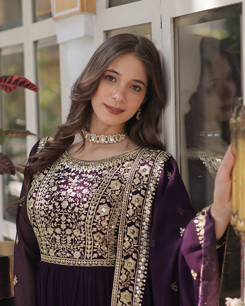 Wine Color Faux Blooming Embroidered Gown