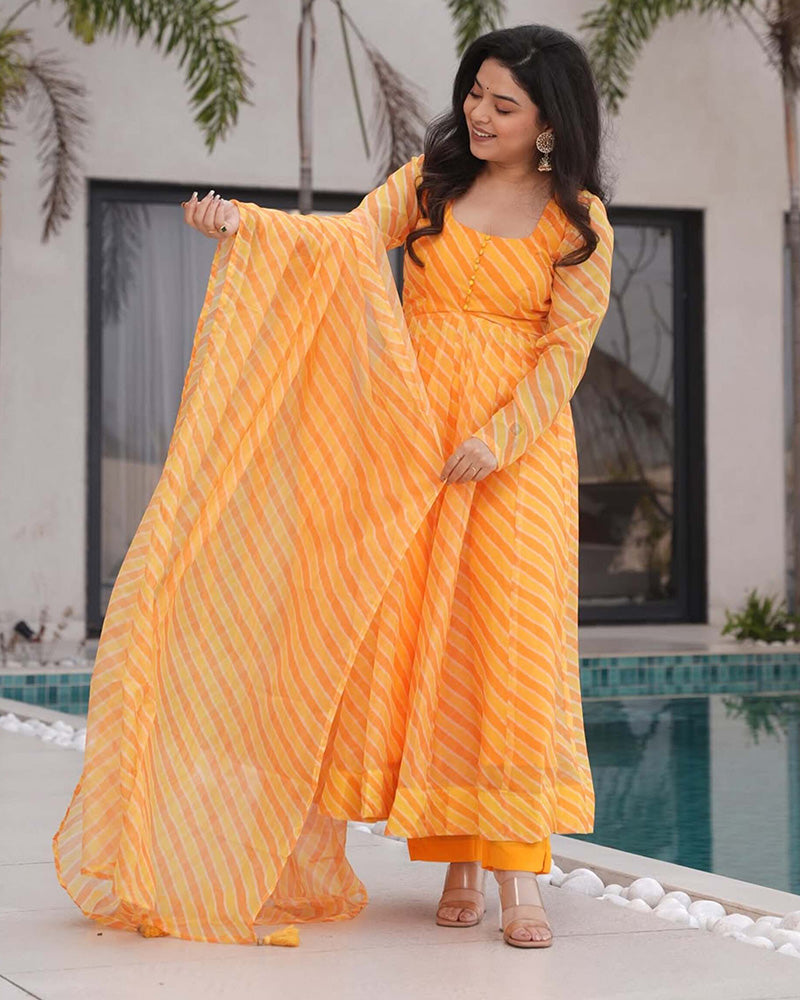 Yellow Color Laheriya Print Tabby Organza Anarkali Suit