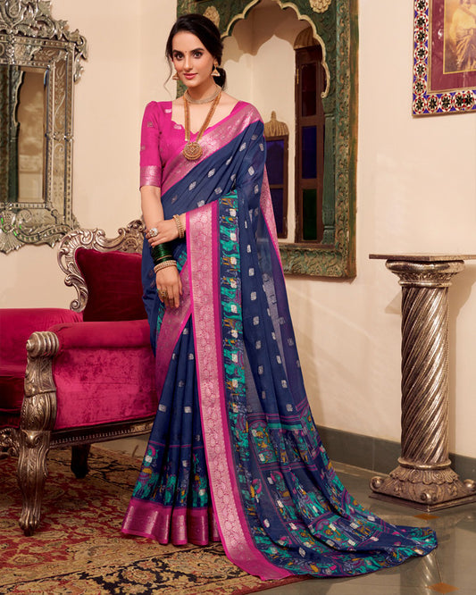 Navy Blue Color Poly Kalamkari Print Cotton With Zari Work saree