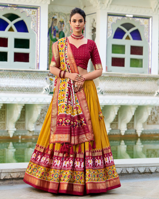 Mustard Color Tussar Silk Patola Printed Half Saree