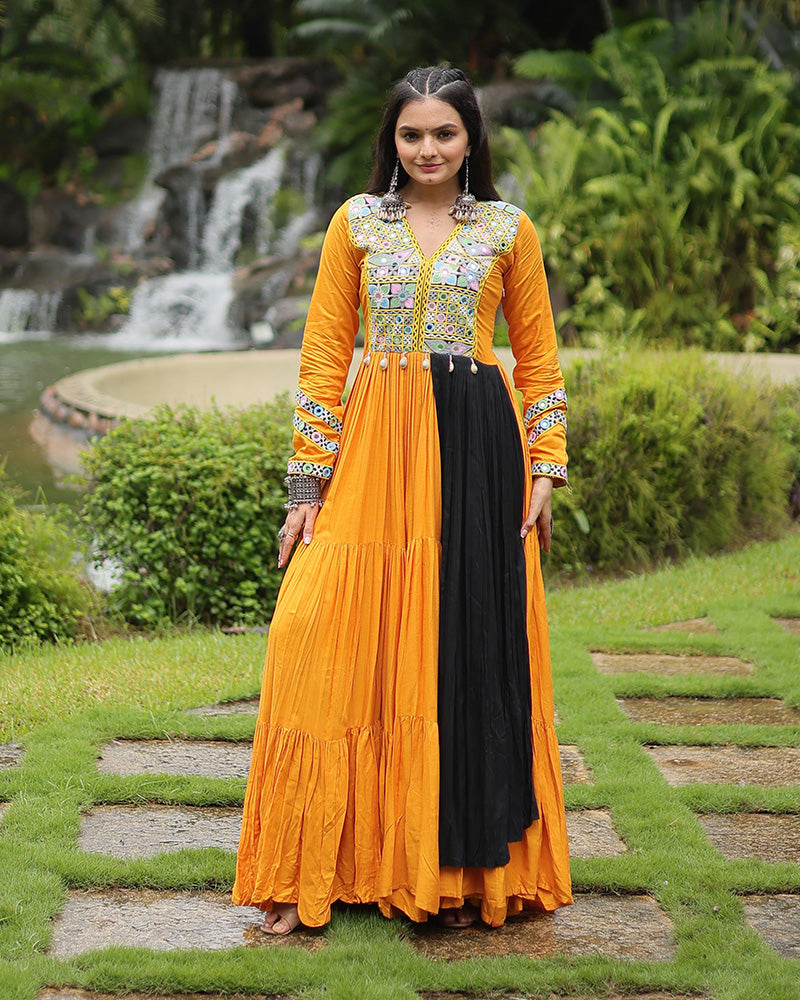 Mustard Color Reyon Gamthi Style Navratri Gown