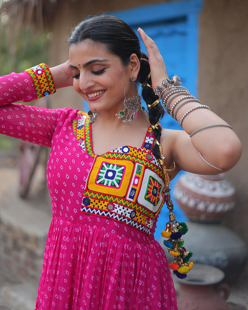 Pink Color Georgette Full Flair Navratri Gown