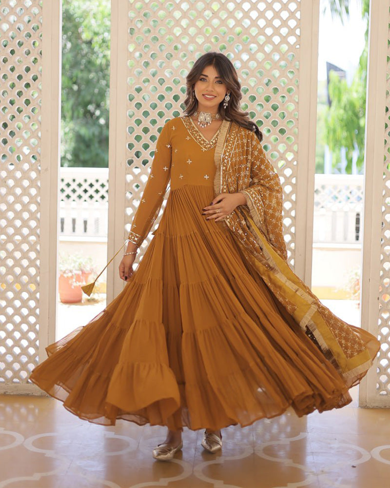 Mustard Color Faux Georgette Designer Anarkali Gown With Dupatta