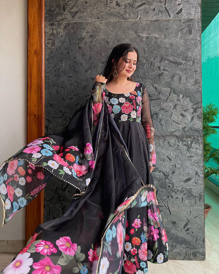 Mehak Qudora Black Floral Print Organza Three Piece Anarkali Suit
