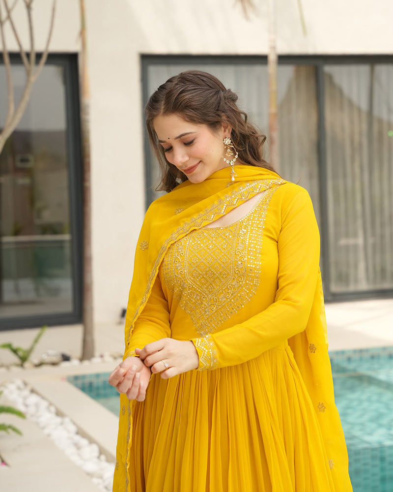 Yellow Color Faux Blooming Embroidered Gown