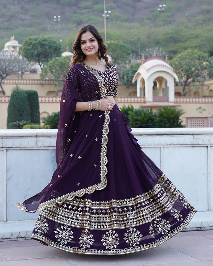 Designer Sequence Embroidery Work Georgette Lehenga Choli In Wine Color