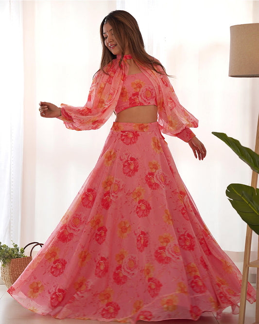 Baby Pink Color Pure Tabby Organza Printed Lehenga Choli