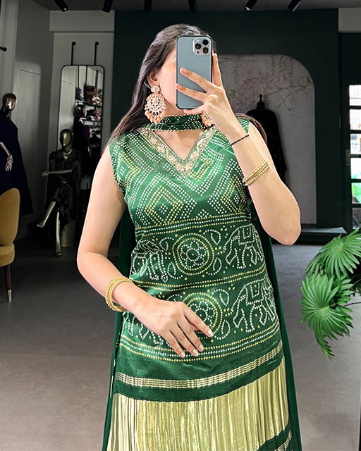 Green Color Gaji Silk Three Piece Plazo Suit