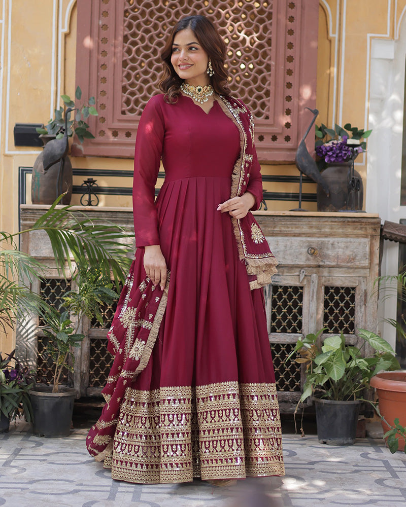 Maroon Color Star Georgette Sequence Embroidered Gown