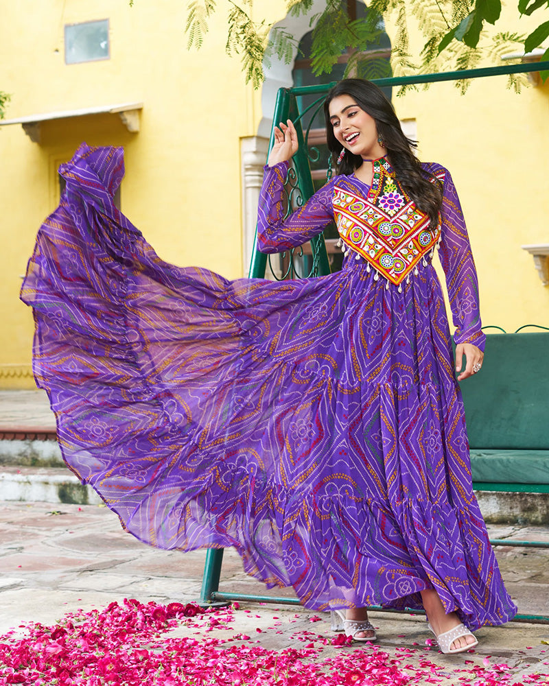 Festive Purple Ethnic Gown With Colorful Mirror Work
