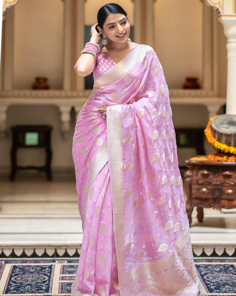 Baby Pink Color Banarasi All over Jacquard Soft Silk Saree