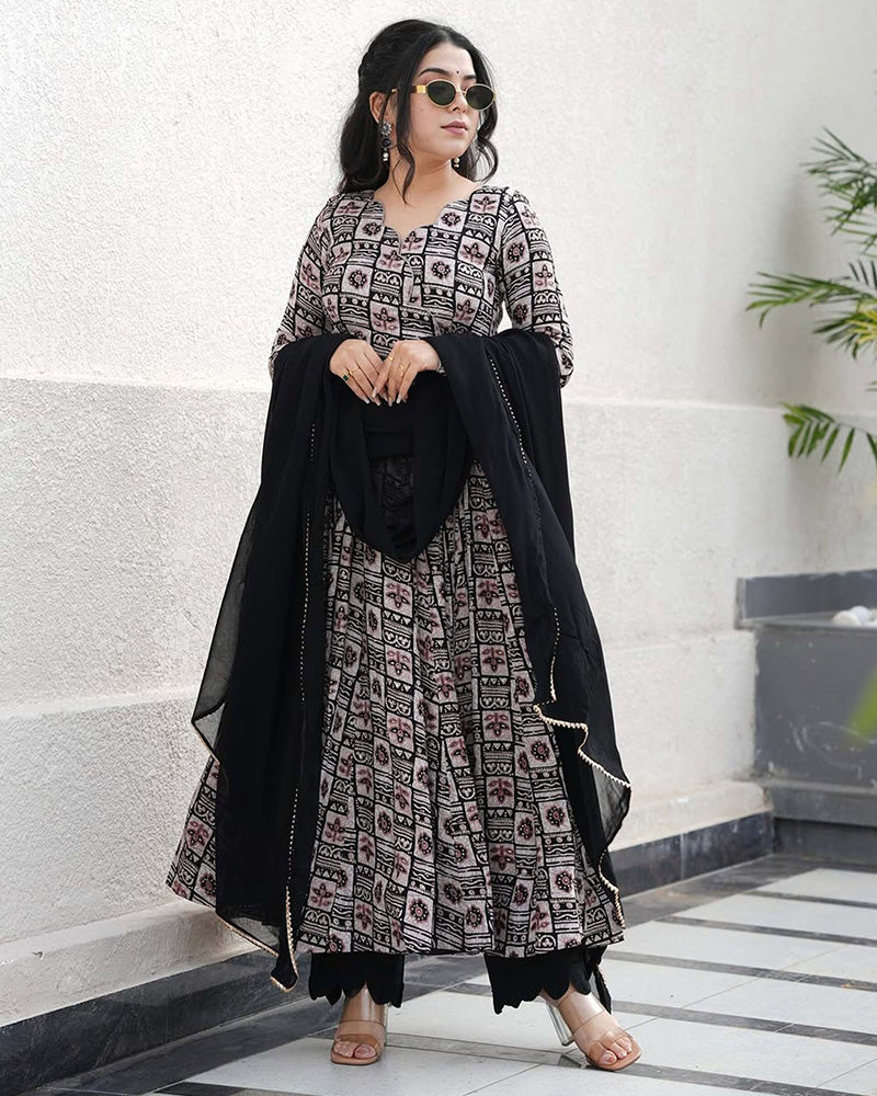 Black Color Rayon Printed Three Piece Anarkali Suit