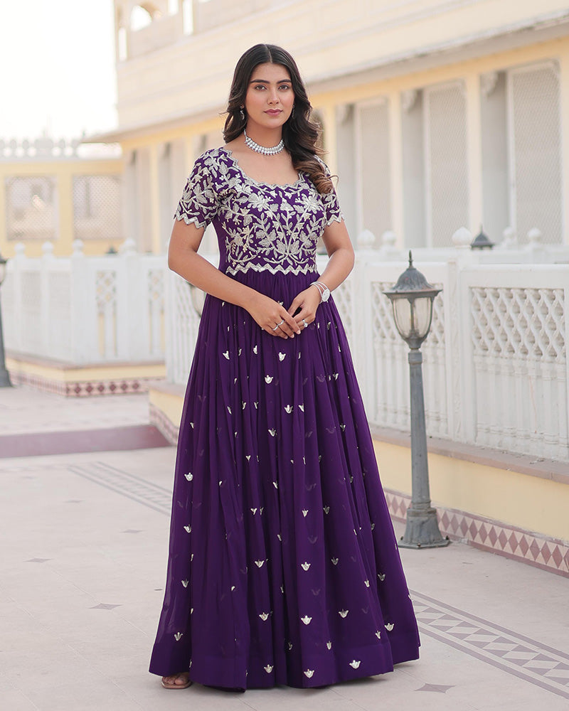 Purple Color Faux Blooming Sequins Embroidered Anarkali Gown