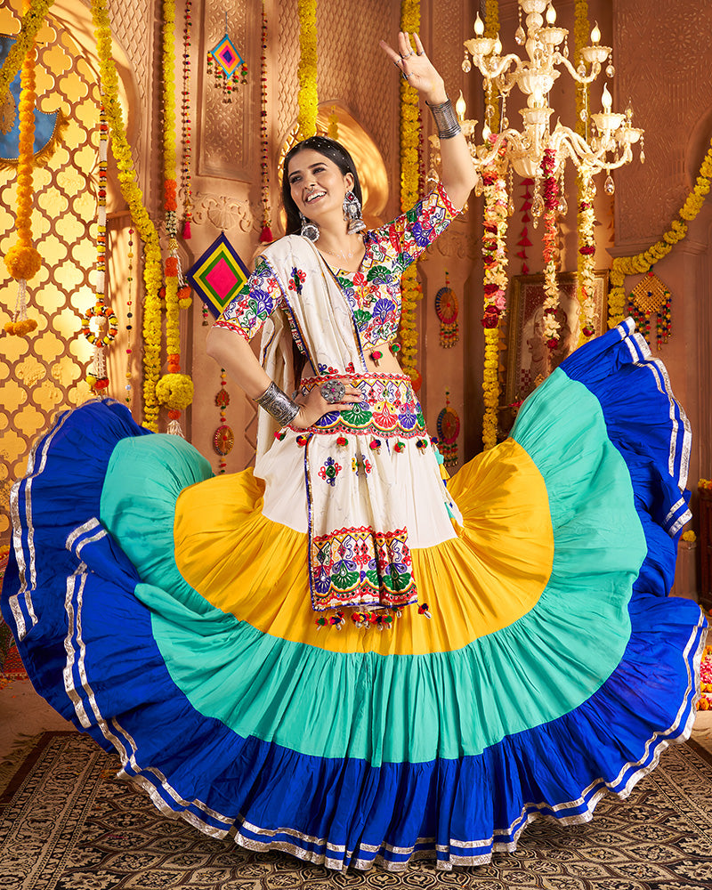 Traditional White Multi Color Thread And Mirror Work Lehenga Choli