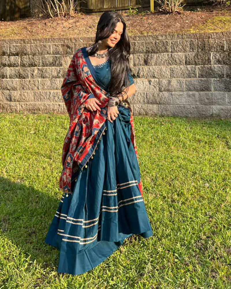 Janvi Joshi In Firozi Color Cotton Plain Navratri Lehenga Choli