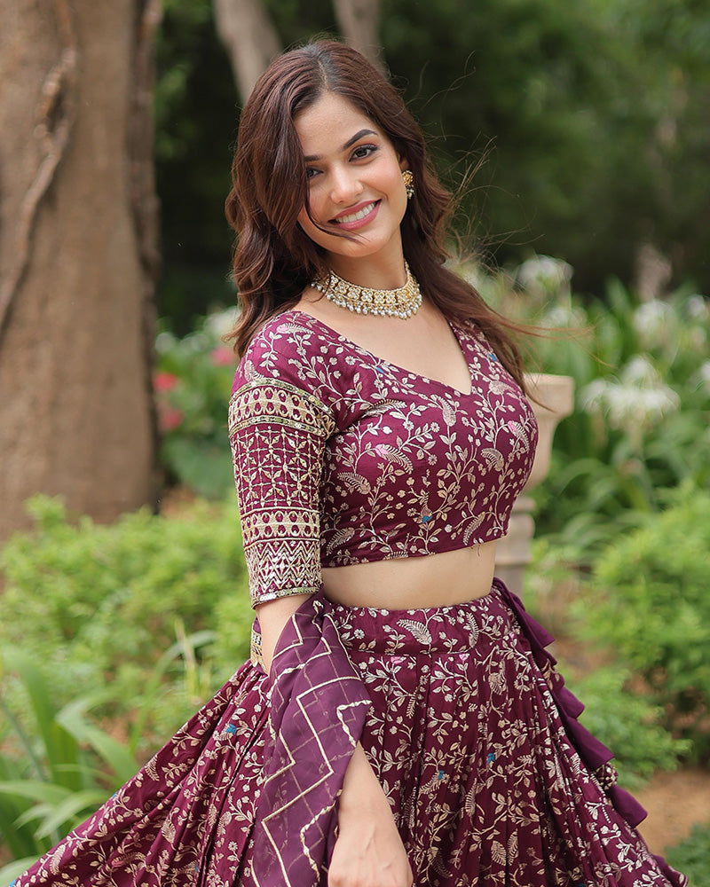 Wine Color Pure Viscose Jacquard Lehenga Choli