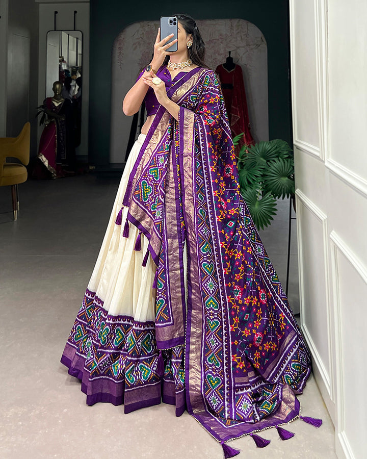 Purple Color Tussar Silk Patola Printed Lehenga Choli