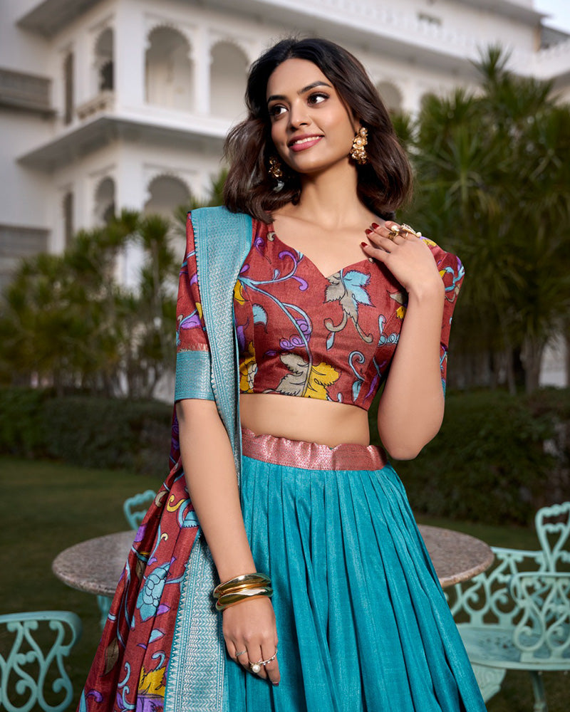 Firozi Color Dola Silk Kalamkari Printed Lehenga Choli