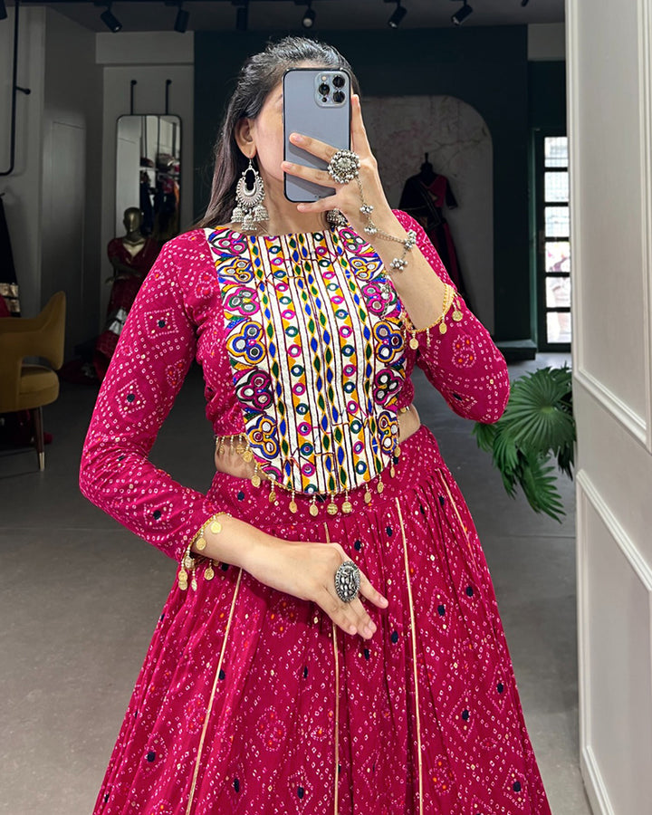 Pink Color Rayon Bandhej Print Navratri Lehenga Choli