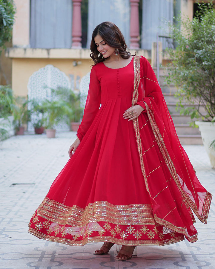 Exclusive Red Color Attractive Sequence Embroidery Work Gown