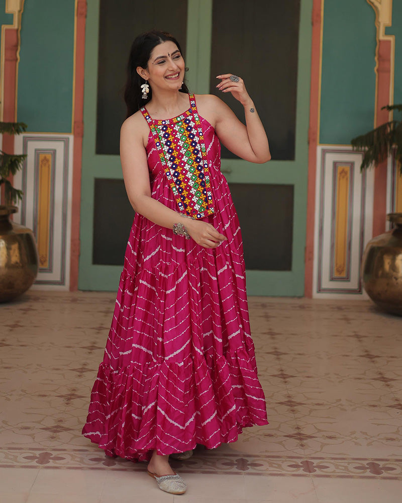 Rani Pink Color Chinon Laheriya Print Navratri Gown