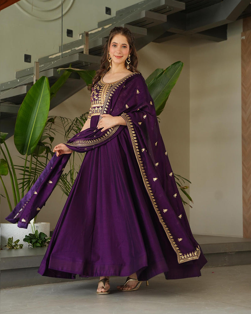 Wine Color Vichitra Silk Embroidered Gown