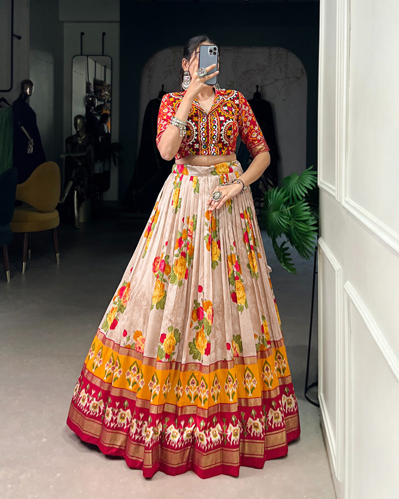 Red Color Tussar Silk Patola Printed Lehenga Choli