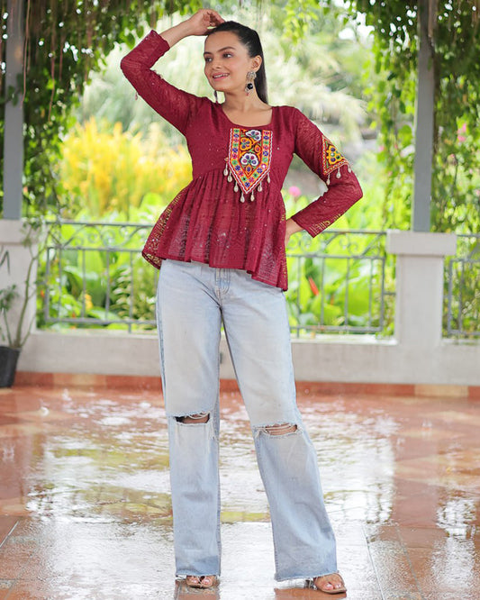 Maroon Color Georgette Schiffli Work Navratri Kediya