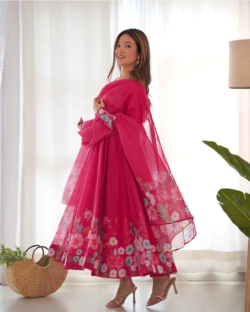 Rani Pink Color Floral Print Organza Three Piece Anarkali Suit – TANHAI